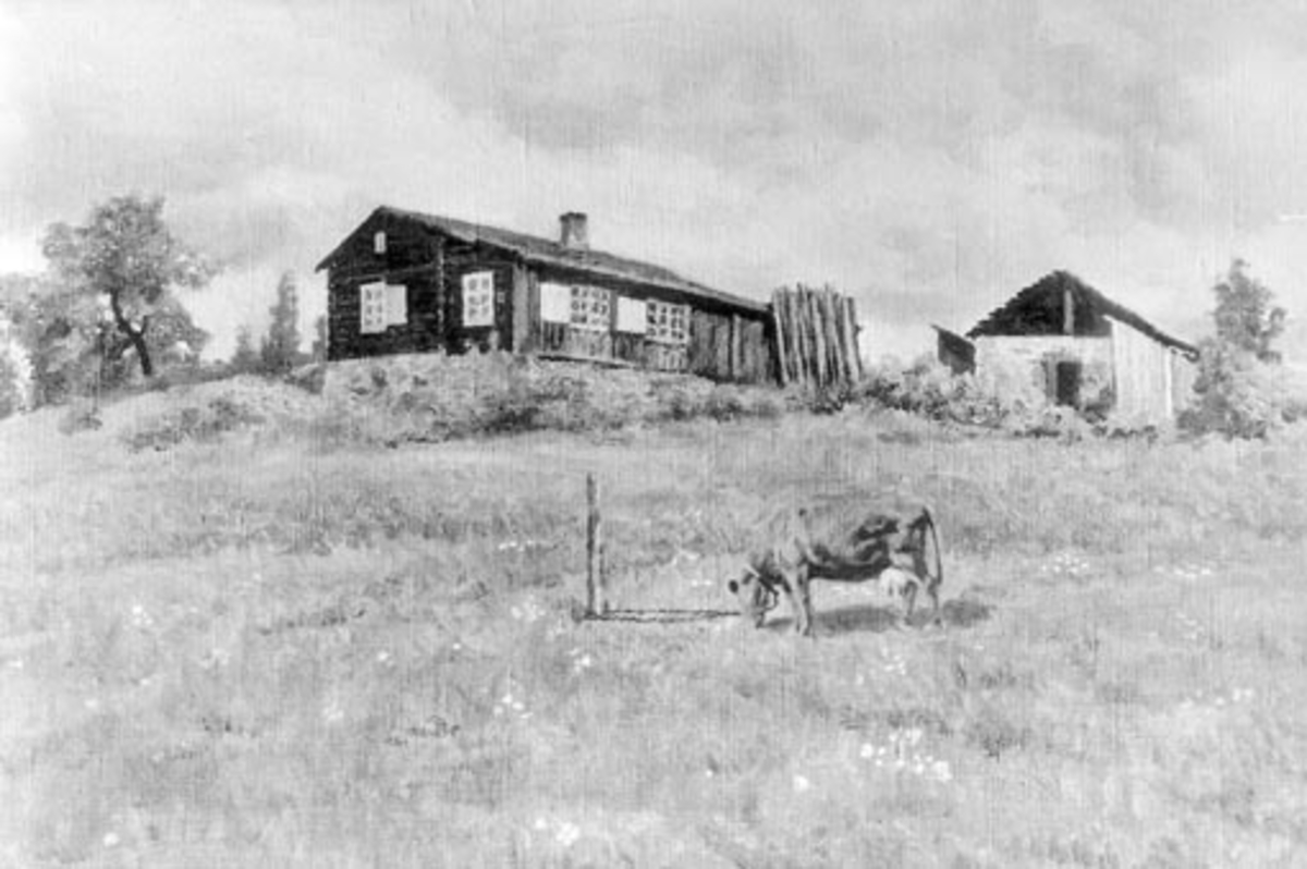 Anno Domkirkeodden, Husmannsplassen Smebakken under Tokstad gård, Veldre, Ringsaker. Maleri av Johan Nordhagen.