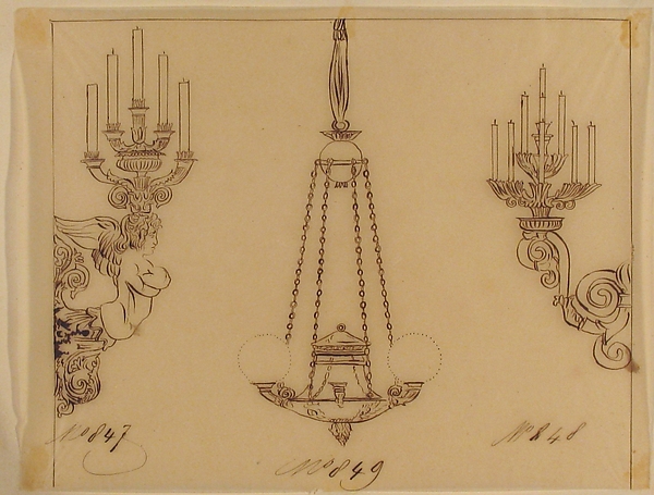 Anonymous, French, 19th century, Designs for Two Sconces and a Chandelier
