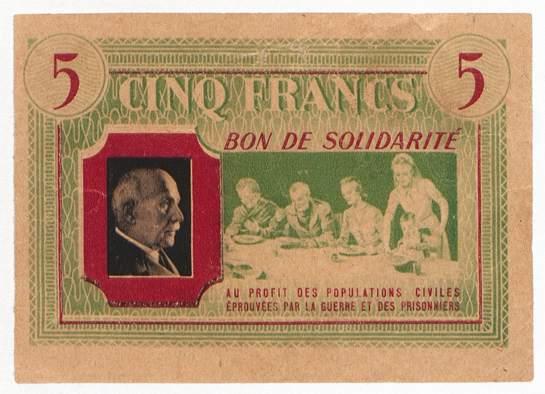 Anonyme, Bon de solidarité de 5 francs à l'effigie du maréchal Pétain