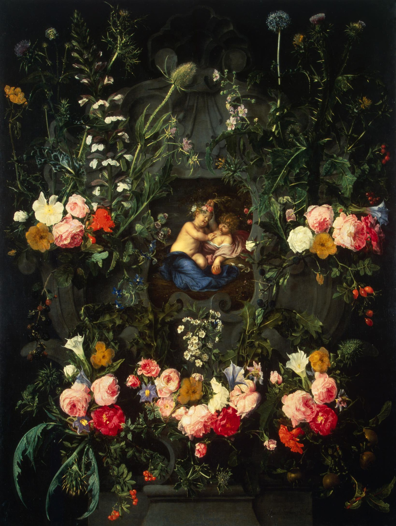 Daniel Seghers, Garland of Flowers Around a Cartouche with Jesus and St John the Baptist as Children