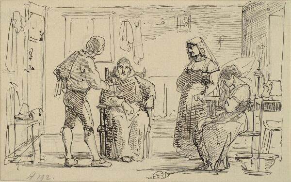Wilhelm Marstrand, Interiør hvor en ung mand forklarer en siddende munk noget, t.h. grædende pige og gammel kone