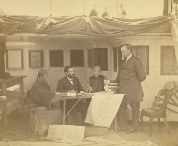 Felice Beato, Chinese interpreters with Secretary Drew and Minister Low in Cabin of the U.S. Flag Ship Colorado