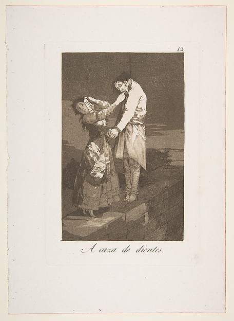 Goya (Francisco de Goya y Lucientes), Plate 12 from "Los Caprichos": Out hunting for teeth (A caza de dientes)