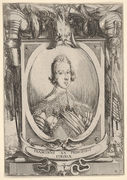 Stefano della Bella, A portrait of Francesco de' Medici, within an oval frame, decorated with military equipment, battle scenes at bottom left and right outside of frame