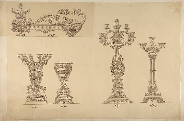 Anonymous, French, 19th century, Designs for Three Candelabras and an Urn