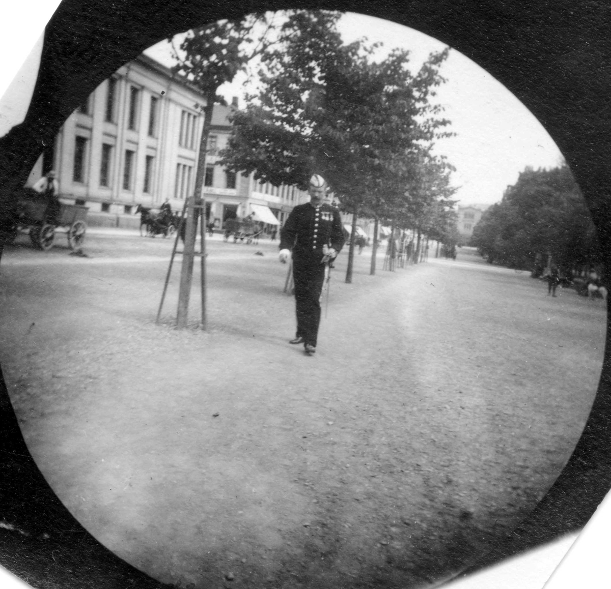 Fredrik Carl Mülertz Størmer, Oberstløytnant Hals spaserer i Studnterlunden, Oslo, med uniform. Hestevogner på Karl Johan, Universitetet.