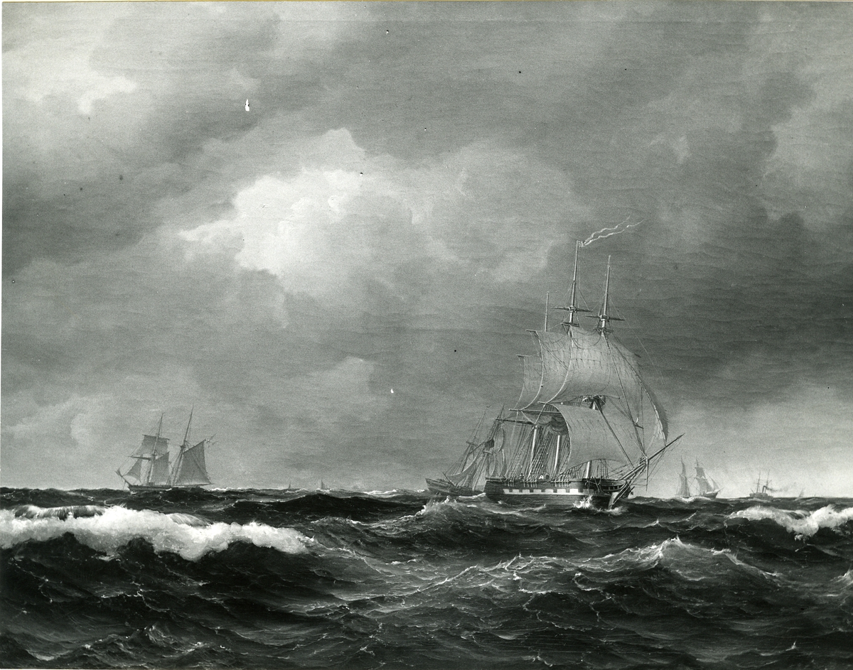 Okänd fotograf, Fregatten Norrköping i Öresund. Oljemålning 1853. Storlek 93 x 129 cm.