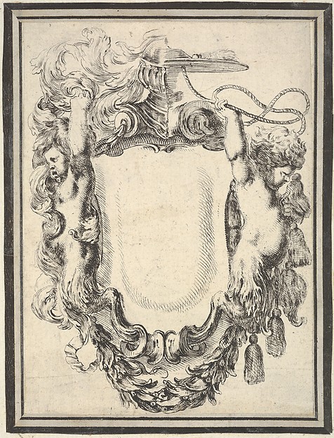 Stefano della Bella, A cartouche flanked by two satyrs, crowned with half a herm and half a cardinal's hat, plate 7 from "Nouvelles inventions de Cartouches"