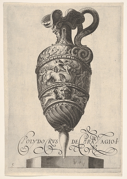 Anonymous, Vessel with grotesque masks, griffins, and a frieze populated by a bull and men in bas-relief, reverse copy after Cherubino Alberti, in turn after Polidoro da Caravaggio