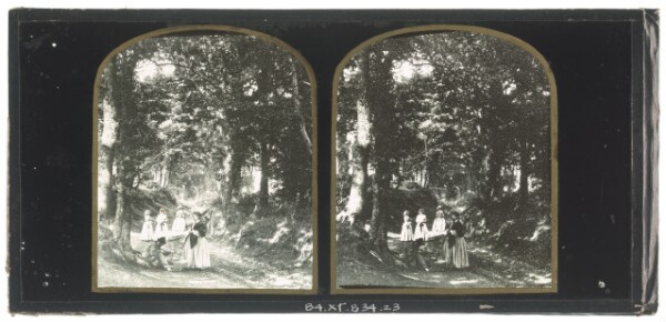 Unknown, [Group of British women within a grove of trees, a cobbler seated at the base of a tree performing work]