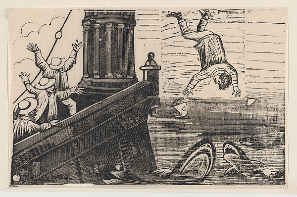 José Guadalupe Posada, A man being thrown to the sharks, from a broadside entitled 'Triste Fin de Gerardo Nevraumont'