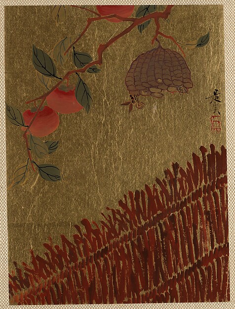 Shibata Zeshin, Persimmons Branch and Wasp Nest above a Hedge