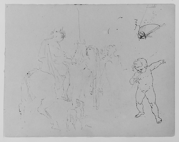 Thomas Sully, Standing Woman; Child Leaning by a Fishbowl; Weeping Putto; Mounted Soldier; Kicking Horse and Fallen Rider; Half-length Seated Figure; Rowboat (from Sketchbook)