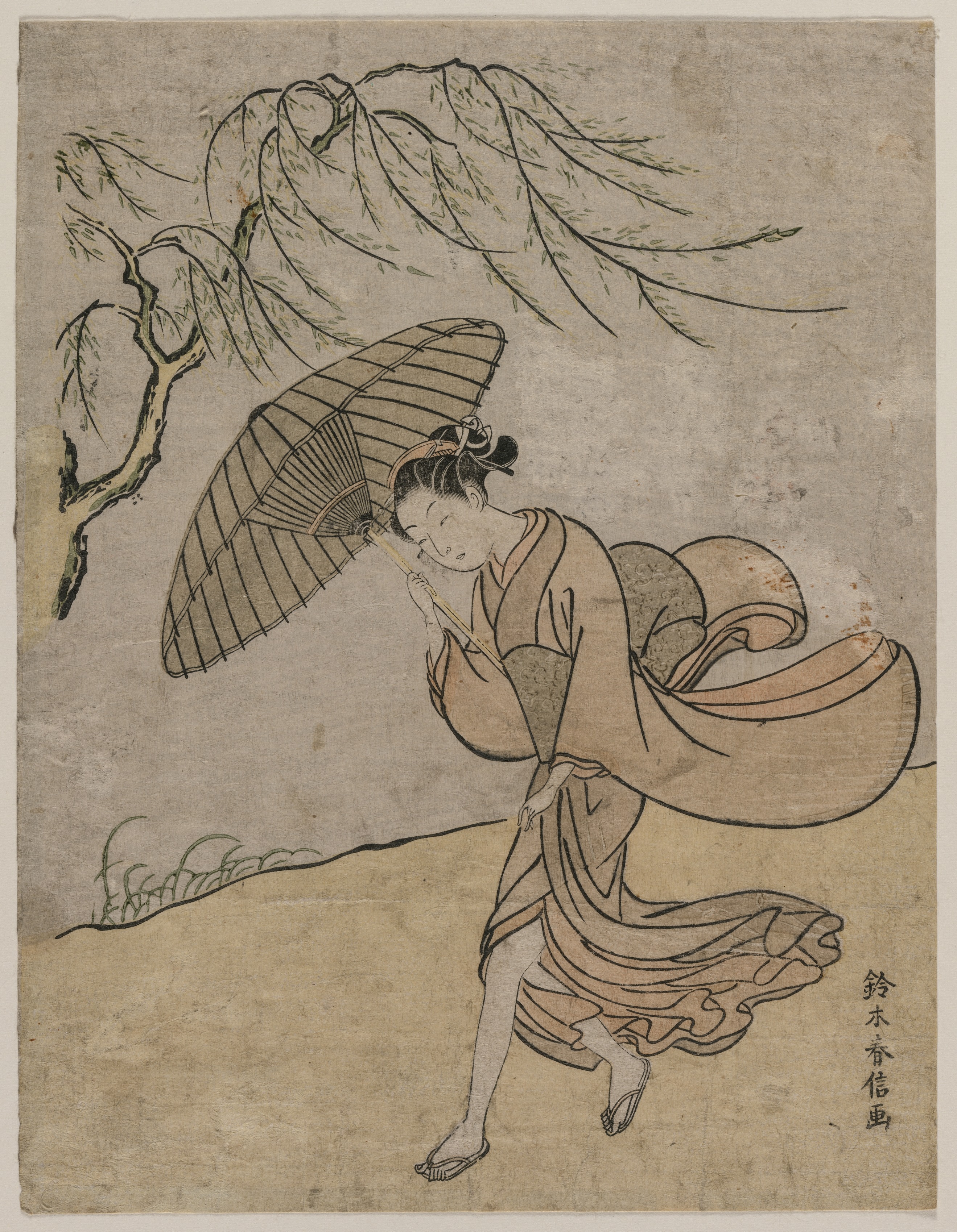 Suzuki Harunobu, Woman Running Past a Willow Tree in a Breeze