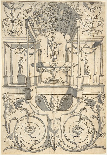 Anonymous, Italian, 16th century, Grotesque with a Bacchus Fountain Placed in an Architectural Structure