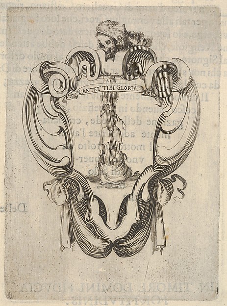 Stefano della Bella, A cartouche with a violin coming out of its case, a skull with a helmet with feathers at top, from "Eight Emblems for the Funeral of Francesco de Medici" (Huit emblèmes pour les funérailles du prince François de Médicis)
