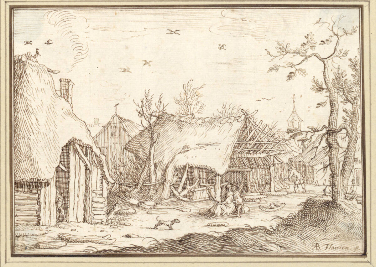 AlbertFlamen, Dorfrand mit halb verfallener Hütte und sitzendem Paar (III-32)