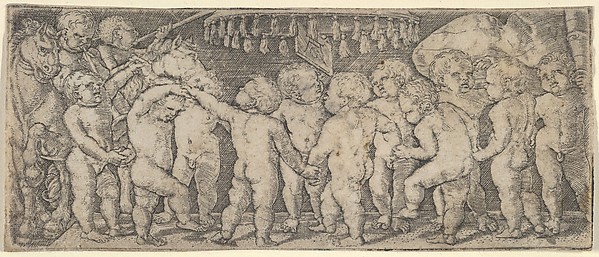 Heinrich Aldegrever, Nude Children Dancing Under a Canopy, with Two Horses on the Left and a Banner on the Right