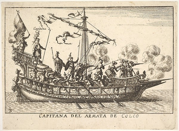Anonymous, Plate 3: Captain of the army of Chalchis (Capitana del armata de Colco), from "The magnificent pageant on the river Arno in Florence for the marriage of the Grand Duke" (Le Magnifique carousel fait sur le fleuve de l'Arne a Florence, pour le mariage du Grand Duc)