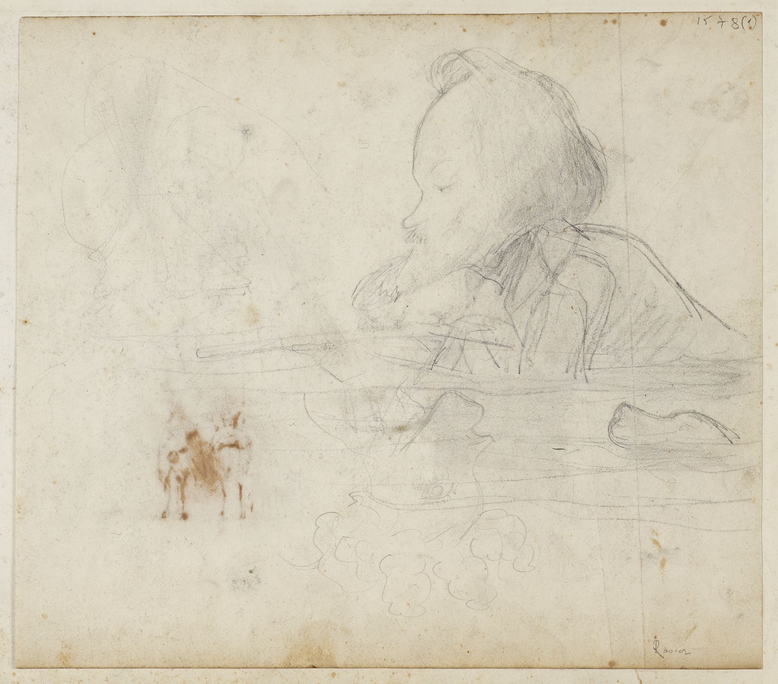 Anonyme, Portrait-charge d'un homme tirant au fusil (Ravier) / Plusieurs croquis