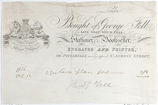 Anonymous, British, 19th century, Trade Card for George Fell, Stationer, Bookseller, Engraver and Printer