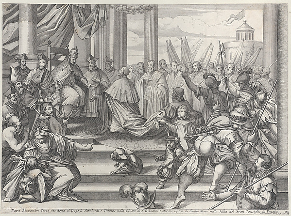 Anonymous, Pope Alexander III presents Doge Ziani with standards and bugles after his defeat of Holy Roman Emperor Frederick I Barbarossa, from "Il gran Teatro di Venezia" (The great theater of Venice)