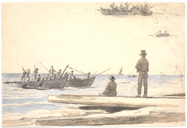Martinus Rørbye, To fiskerbåde sejler ind mod Skagens strand