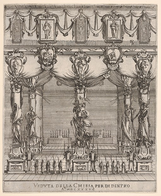 Stefano della Bella, Interior of the church of San Lorenzo in Florence, five pillars, each with a large figure of death on a pedestal, ten hooded figures with staffs in foreground, two altars in the background, cartouches containing female figures above, from "Ceremonies for the Funeral of Emperor Ferdinand II" (Funéra…