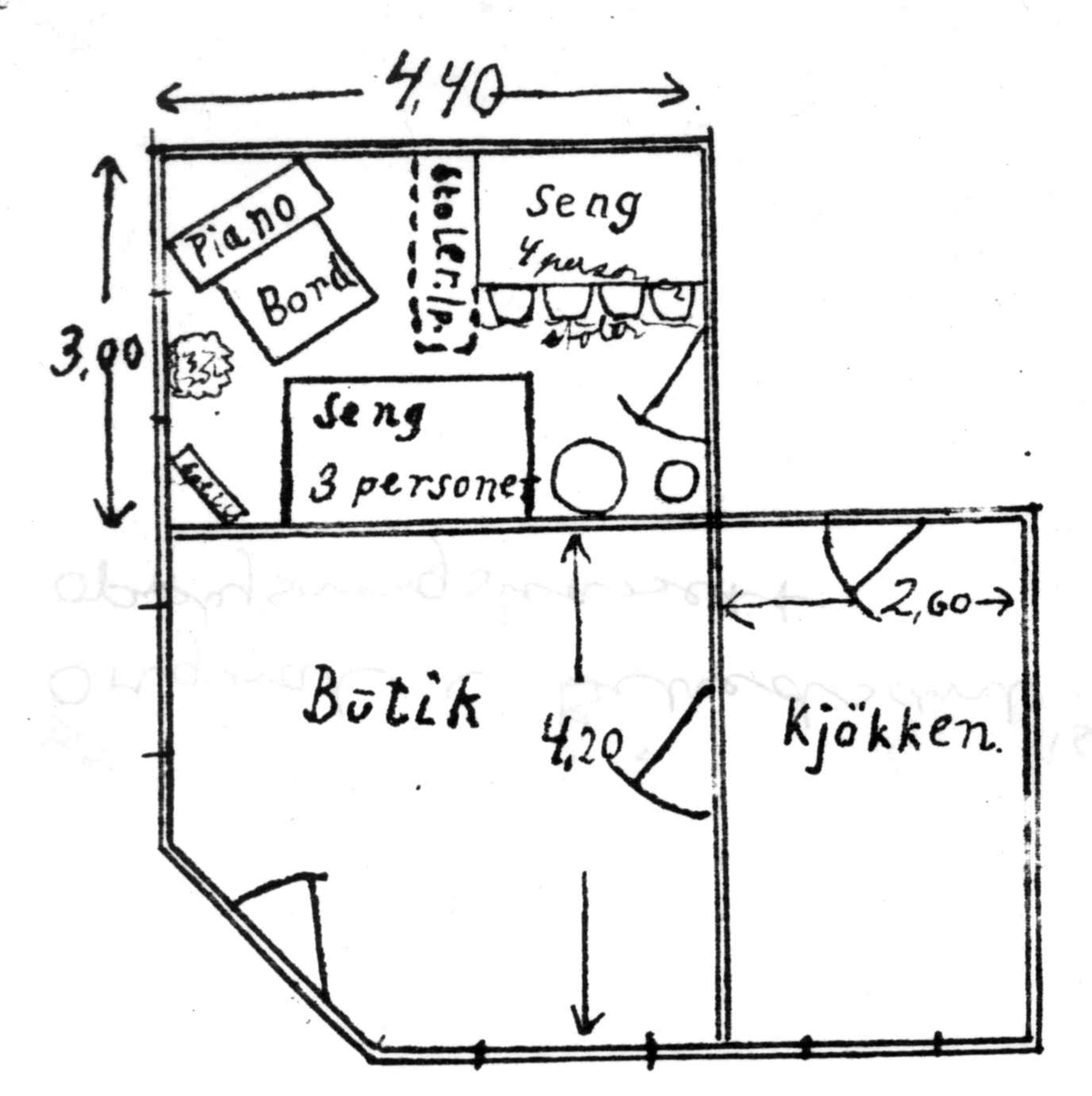 Nanna Broch, Grunnriss av leilighet med butikklokale og oppgitt møbleringsplan. Ant. fra Grønlandsstrøket, Oslo. Fra boliginspektør Nanna Brochs boligundersøkelser i Oslo 1920-årene.