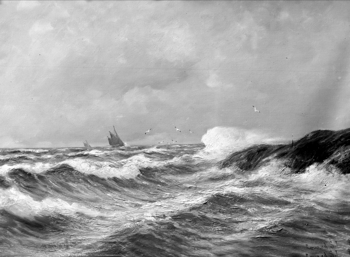 Gustav Borgen, Avfotografert, bilde av storm på havet, skuter i bakgrunnen mot horisonten.