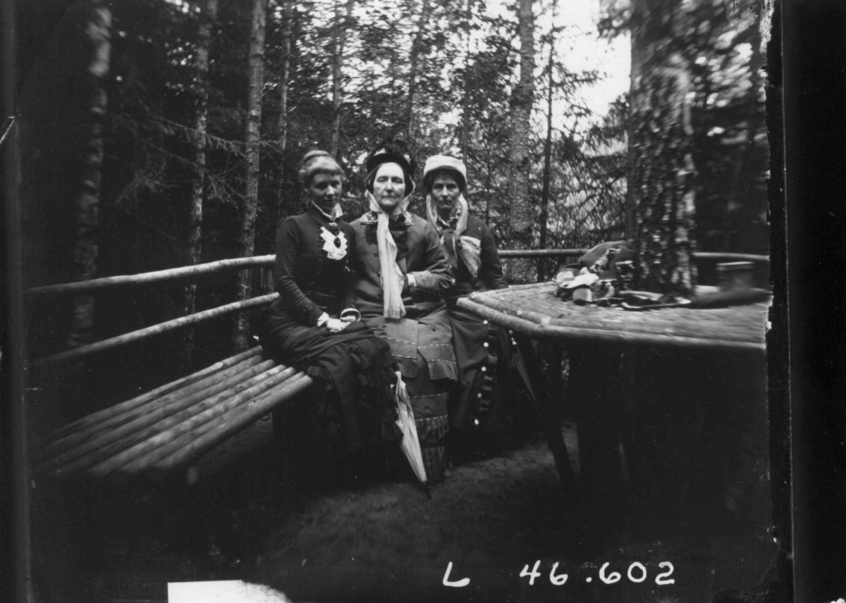 Fredrik Emil Faye, Gruppeportrett, 3 kvinner med hatter ved bord på benk utendørs, fru Sigrid Faye, hoffmarskalkinne Anker, Louise Klose, ca. 1880. Fra portrettserie av personer som bodde på eller besøkte Dal gård, Ullensaker, fotografert av gårdens eier, kammerherre Fredrik Emil Faye (1844-1903) i årene 1875-1900.