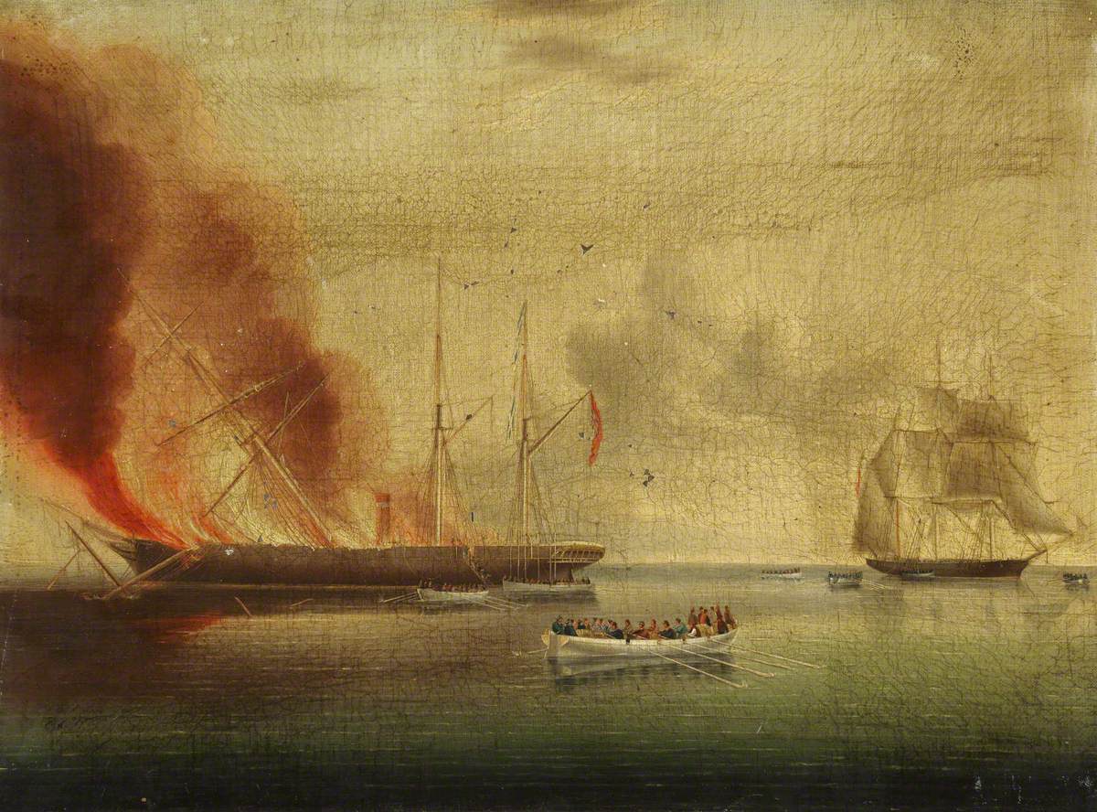 James E. Buttersworth, The steamship 'Glasgow' on fire off Nantucket, 31 July 1865: passengers and crew rescued by the 'Rosamund'