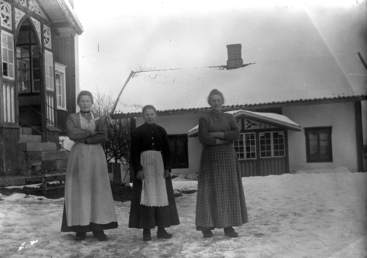 Johannes Larsen Alhaug, Østre Alhaug. Tre kvinner på gardstunet. Tjenestejenter.
