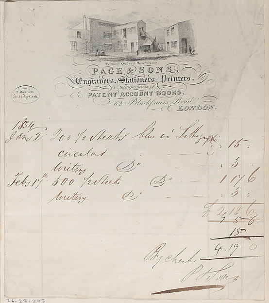 Anonymous, British, 19th century, Trade Card for Page & Sons, Engravers, Stationers & Printers