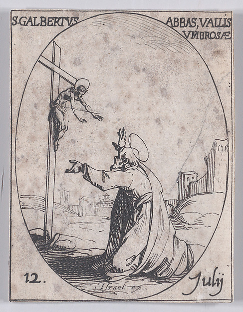 Jacques Callot, S. Galbert, abbé du Val d'Ombrose (St. John Gualbert, Abbot of Val d'Ombrose), July 12th, from "Les Images De Tous Les Saincts et Saintes de L'Année" (Images of All of the Saints and Religious Events of the Year)