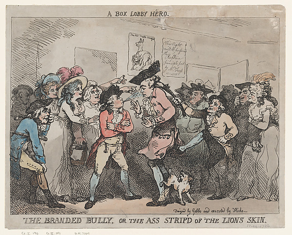 Thomas Rowlandson, A Box Lobby Hero, The Branded Bully, or The Ass Stripp'd of the Lion's Skin.
