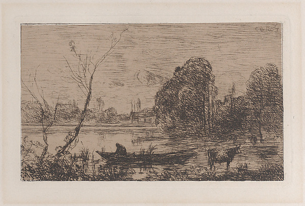 Camille Corot, Ville d'Avray: Boatman on a Pond (Evening Effect)
