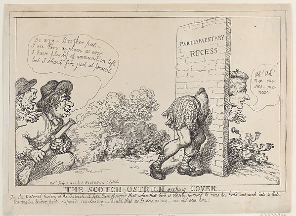 Thomas Rowlandson, The Scotch Ostrich Seeking Cover