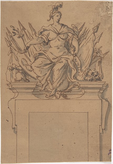 Anonymous, French, 18th century, Design for an Overdoor or Chimney Piece with an Armorial Trophy and the personification of Victory