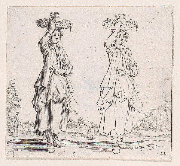Jacques Callot, La Paysanne Vue de Face, Tenant un Panier sur sa Tête (The Peasant Woman Viewed from the Front with a Basket on her Head), plate 12 from "Varie Figure" (Various Figures)