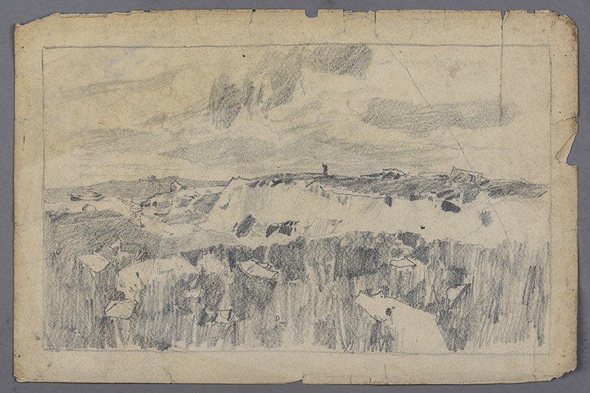 Karl Hagemeister, Hügelige Landschaft mit Steinen im Gras, um 1878/1885 (rückseitig: Zwei Kompositionsskizzen)