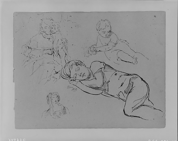 Thomas Sully, Portrait of Tom Sleeping, Woman Holding Two Children, Leaning Baby, Woman's Head (from Sketchbook)