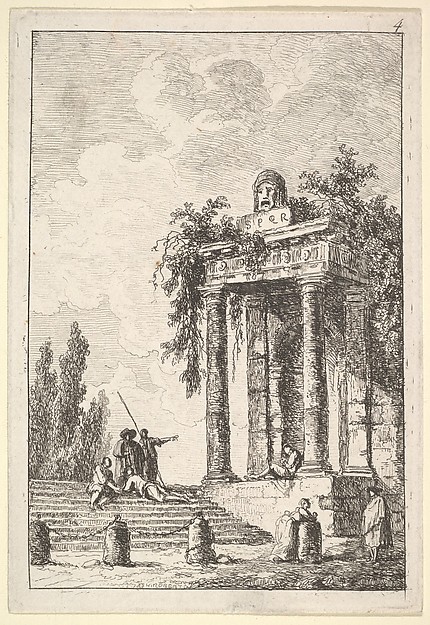 Hubert Robert, Plate 4: remains of a classical monument to right surmounted by a mask and tablet, a figure sitting on the porch, four figures on a staircase to left, four milestones below, from "Les soirées de Rome"