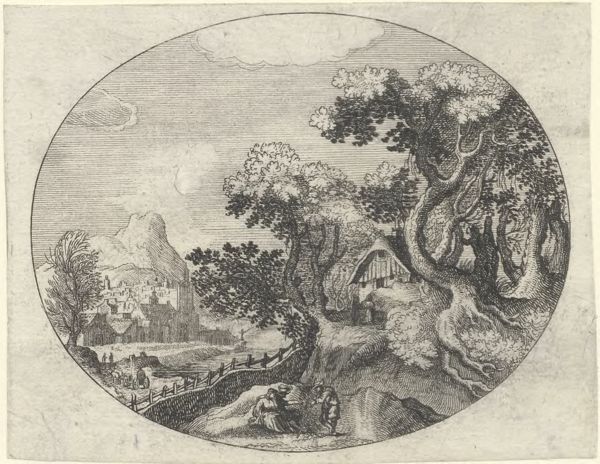 Moncornet, Balthasar, (approximately 1600-1668), (printmaker), Oval landscapes: Landscape with a remote farmhouse and a village in the background