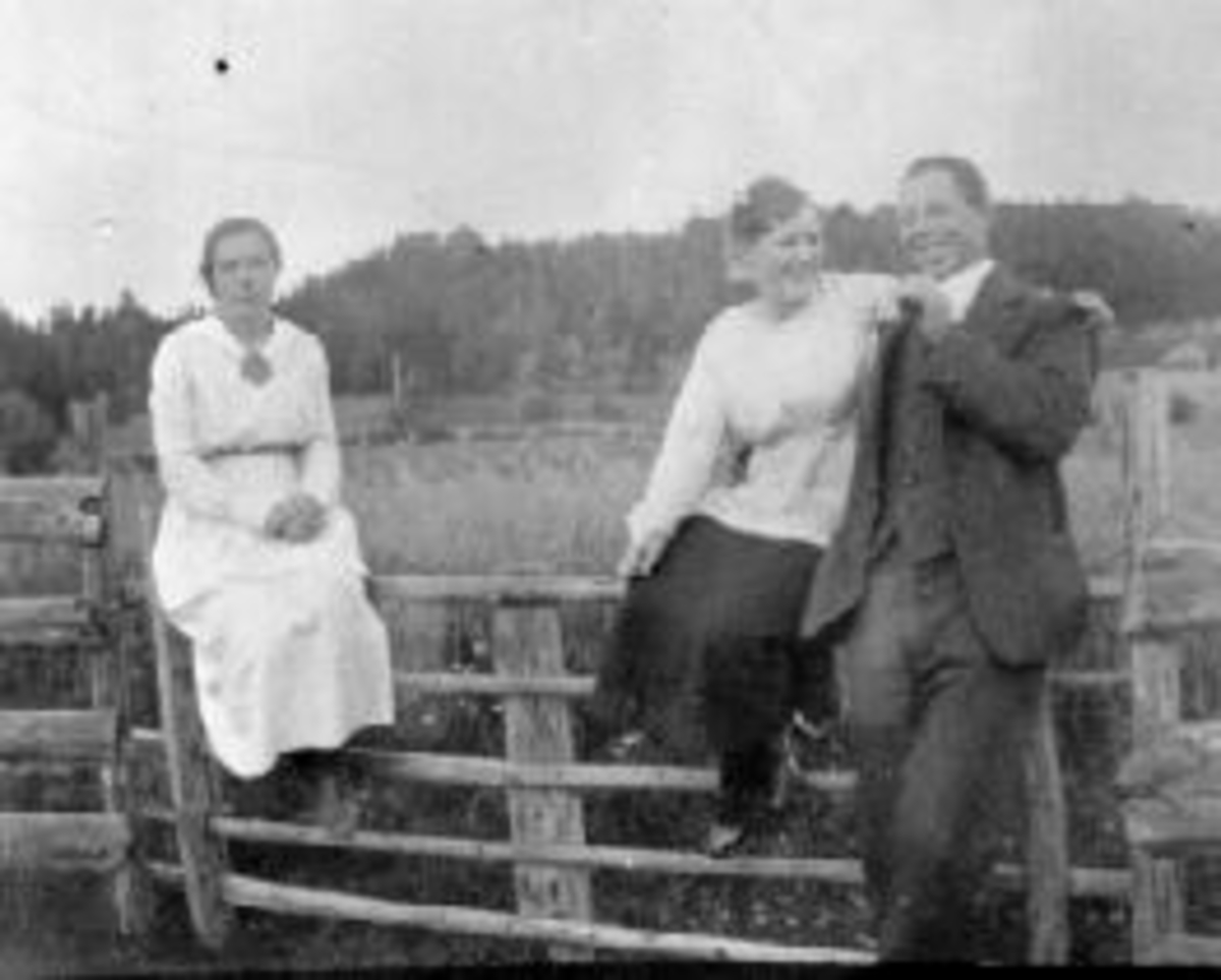 Anno Domkirkeodden, Sittende på grinda. Karen Maurud f. 1895, Arnfrid f. 1907, Leonard Maurud f. 1885. Nedre Maurud, Helgøya.