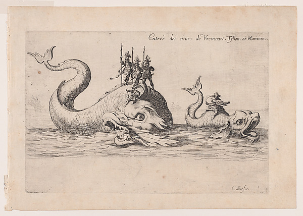 Jacques Callot, Entrée de MM. de Vroncourt, Tyllon, et Marimont (Entrances of Monsieur de Vroncourt, of Monsieur de Tyllon, and Monsieur de Marimont), from Le Combat a la Barrière in the Palace at Nancy by Henri Humbert, printed by Sebastien Phillipe