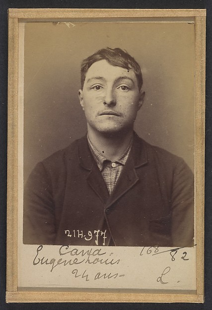 Alphonse Bertillon, Cana. Eugène, Louis. 22 ans, né à Paris Vllle. Monteur en bronze. Anarchiste. 2/3/94.