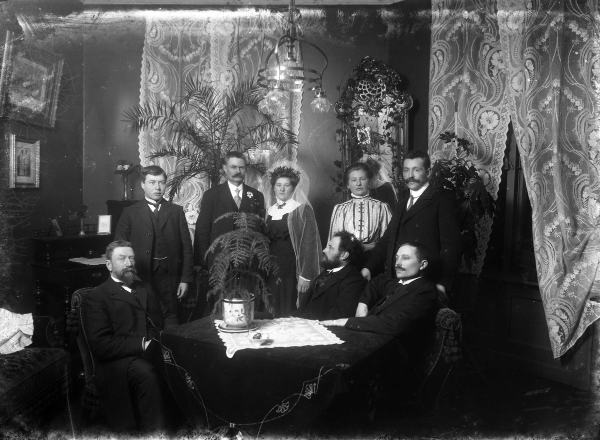 Gustav Borgen, Gruppeportrett, bryllupsbilde med brudepar og gjester i stue. Herr amtskogmester Skurdal 11.3.1910.