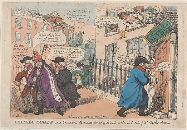 Thomas Rowlandson, Chelsea Parade or a Croaking Member Surveying The Inside Outside and Backside of Mrs Clarke's Premises