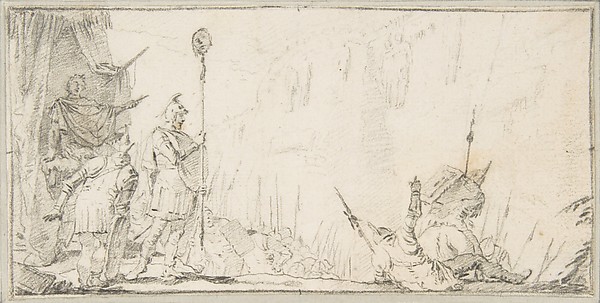 Giovanni Battista Tiepolo, Illustration for a Book:  Soldier in front of "General" Holding up a Decapitated Head on a Staff